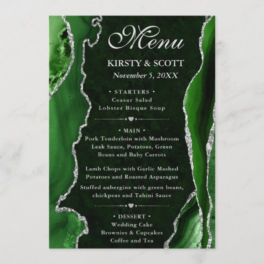 Groen en Zilver Faux Glitter Agate Wedding Menu (Voorkant)