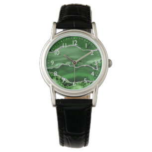 Groen en Zilver Faux Glitter Marble Agate Horloge