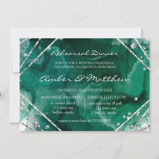 Groen en Zilver Geometric Rehearsal Dinner Kaart (Voorkant)