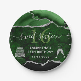 Groen en zilver glitter agaat marmeren Sweet 16 Papieren Bordje