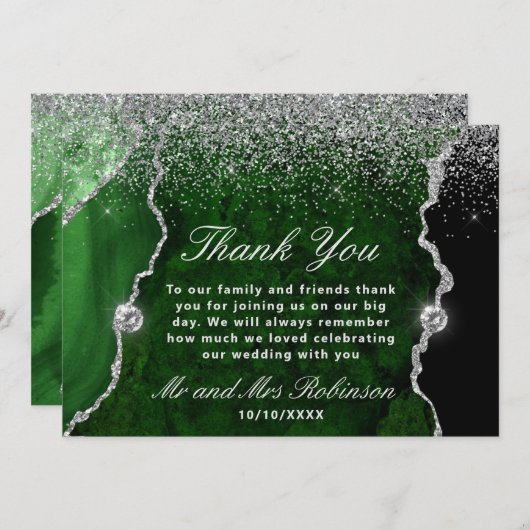 Groen en Zilver Glitter Agate Marble Wedding Bedankkaart (Voorkant / Achterkant)