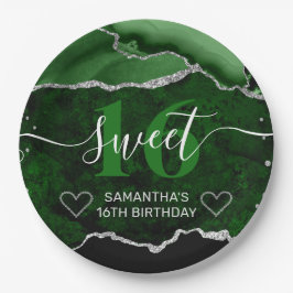 Groen en Zilver Glitter Agate Marmer Sweet 16 Papieren Bordje