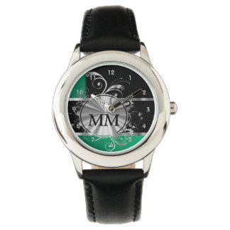 Groen en zilver monogram op zwart horloge