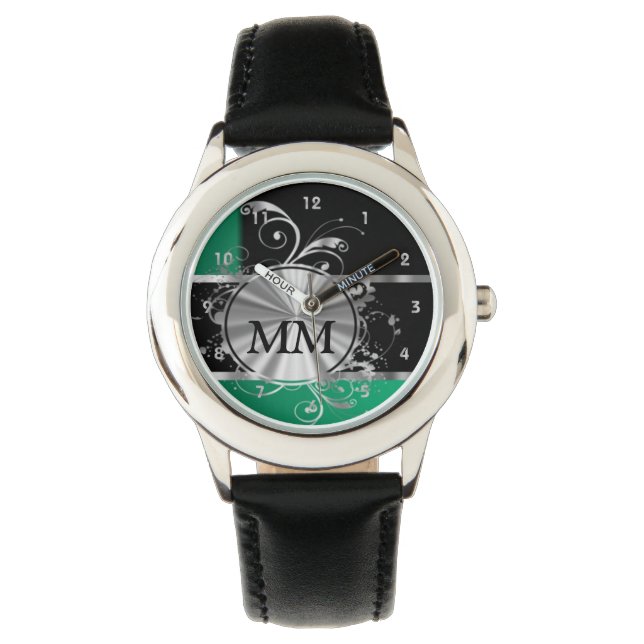 Groen en zilver monogram op zwart horloge (Voorkant)