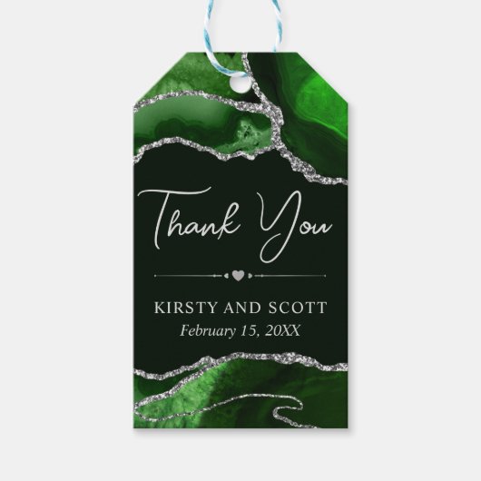 Groen en Zilveren Nep Glitter Agate Bruiloft Cadeaulabel (Voorkant)