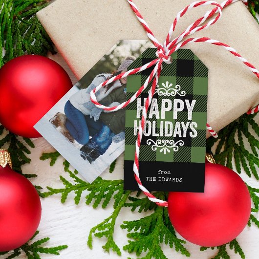 Groen en Zwart Buffel Controleer Rustieke Vakantie Cadeaulabel