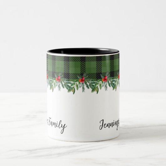 Groen en Zwart Buffel Plaid Familie Kerstmis Tweekleurige Koffiemok (Center)