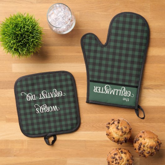 Groen en Zwart Buffel Plaid Grillmaster Papa Ovenwant & Pannenlap Set (Top down)