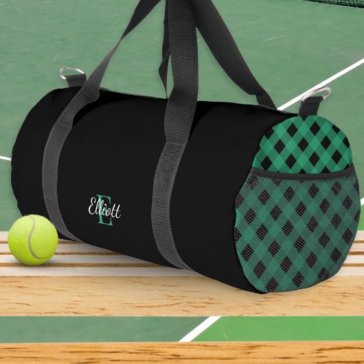 Groen en zwart buffelplaid met monogram plunjezak