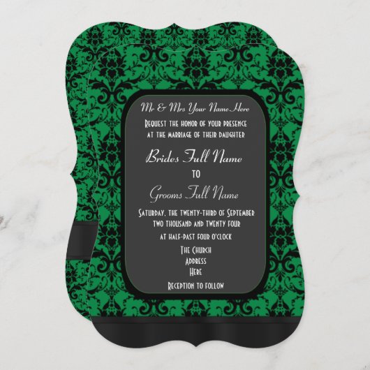 Groen en zwart damast bruiloft kaart (Voorkant / Achterkant)