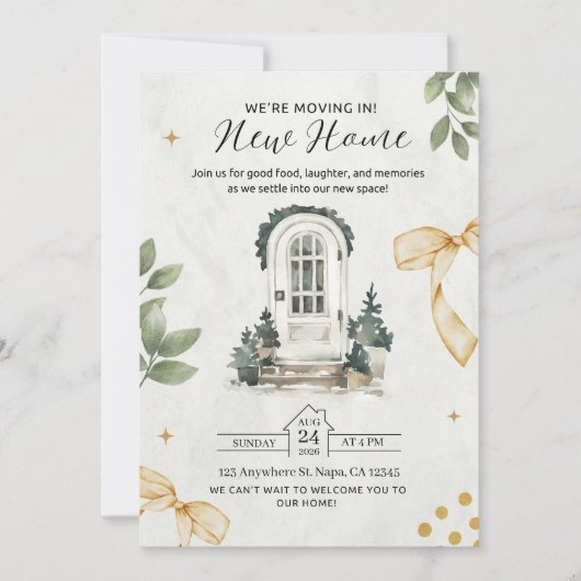 Groen en zwart geïllustreerde housewarming uitnodi kaart (Voorkant)