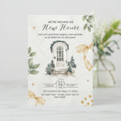 Groen en zwart geïllustreerde housewarming uitnodi kaart (Staand voorkant)