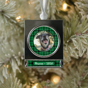 Groen en zwart geplakt hond Foto Kerstmis Verzilverd Banner Ornament