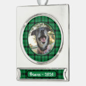 Groen en zwart geplakt hond Foto Kerstmis Verzilverd Banner Ornament (Links)