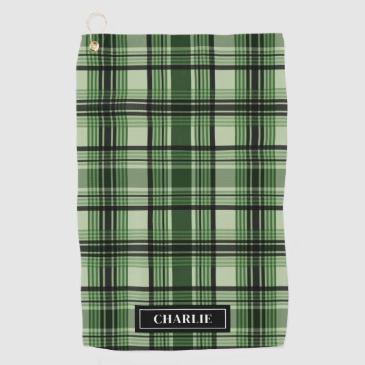 Groen en zwart geplakt patroon met aangepaste naam golfhanddoek (Voorkant)