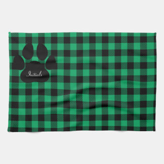 Groen en zwart geruite paw print keukenhanddoek