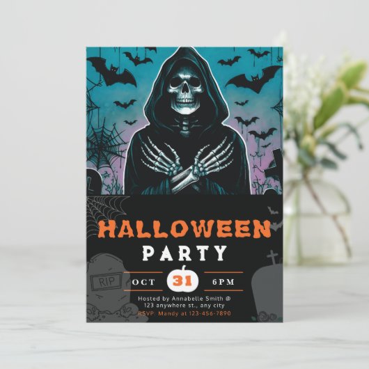 Groen en Zwart Grim Reaper Skelet Halloween Kaart (Staand voorkant)