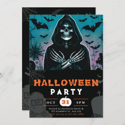 Groen en Zwart Grim Reaper Skelet Halloween Kaart (Voorkant / Achterkant)