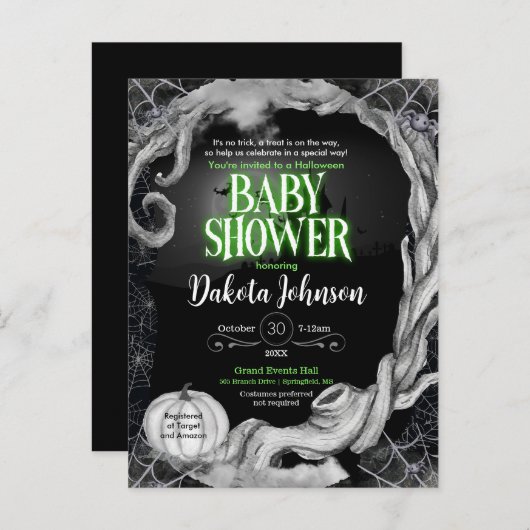 Groen en Zwart Halloween Baby shower Invitation Uitnodiging Briefkaart (Voorkant / Achterkant)