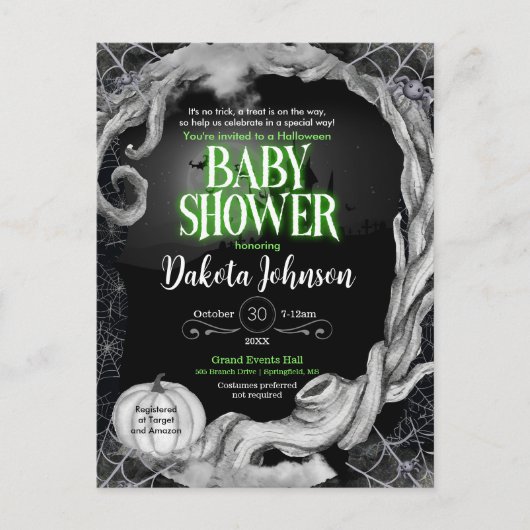 Groen en Zwart Halloween Baby shower Invitation Uitnodiging Briefkaart (Voorkant)
