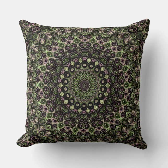 Groen en zwart Kaleidoscoop Mandala Patroon Kussen (Voorkant)