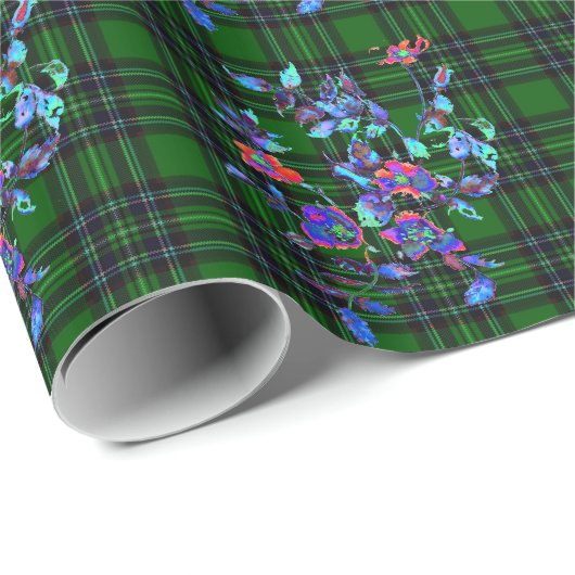 Groen en zwart met blauwe  rozen cadeaupapier (Rol Hoek)