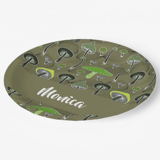 Groen en zwart paddenstoelpatroon papieren bordje (Gekanteld)