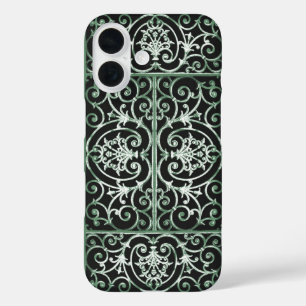 Groen en zwart scrollwerkpatroon iPhone 16 hoesje
