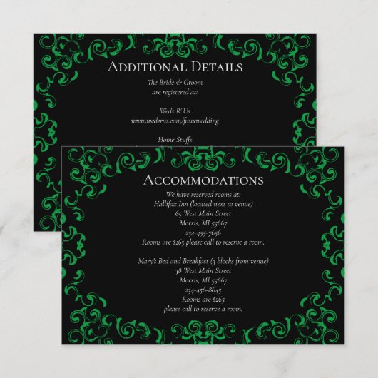 Groen en zwart wirl Gothic Wedding Informatiekaartje (Voorkant / Achterkant)