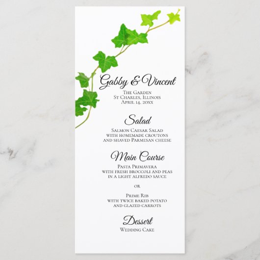 Groen Engels Ivy Vine op White Wedding Menu (Voorkant)