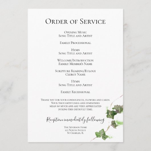 Groen Engels Ivy Vine Waterverf Begrafenisdienst Programmakaart (Achterkant)