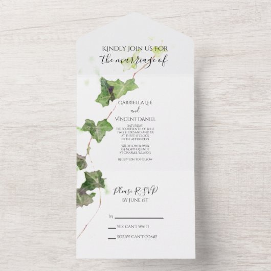Groen Engels Ivy Vine Waterverf Wedding All In One Uitnodiging (Binnen)