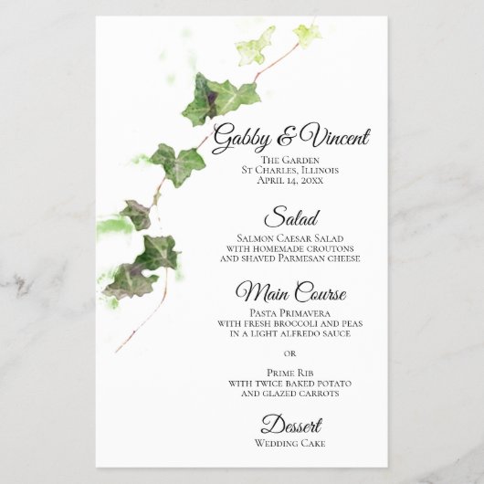 Groen Engels Ivy Vine Waterverf Wedding Menu (Voorkant)