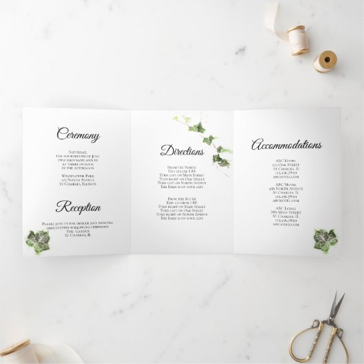 Groen Engels Ivy Vine Waterverf Wedding Tri-Fold Drieluik Uitnodiging (Binnen)