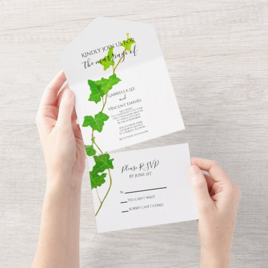 Groen Engels Ivy Vine Wedding All In One Uitnodiging (Afscheurbaar)