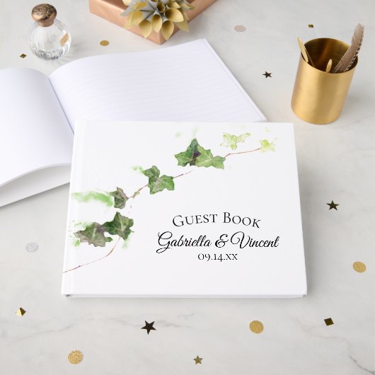 Groen Engels Ivy Vines Waterverf Wedding Gastenboek (Voorkant open)