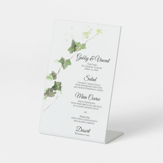 Groen Engels Ivy Waterverf Wedding Menu Reclamebord Met Voetstuk (Voorkant)