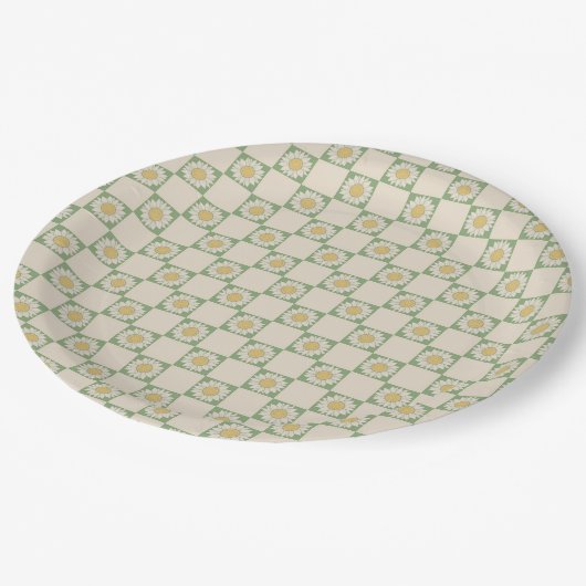 Groen Esthetisch geruit Zonnebloem Y2K Patroon Papieren Bordje (Gekanteld)
