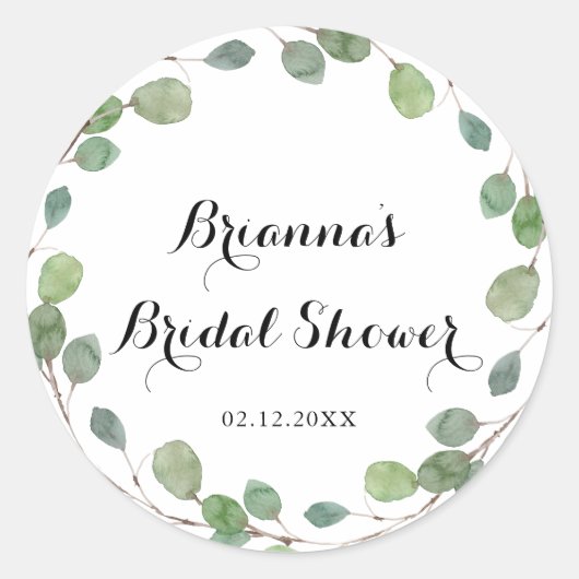 Groen Eucalyptus Blad Bruiloft Favor Ronde Sticker (Voorkant)