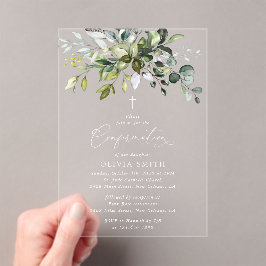 Groen, Eucalyptus Bladeren, Boho, Confirmatie Acryl Uitnodigingen