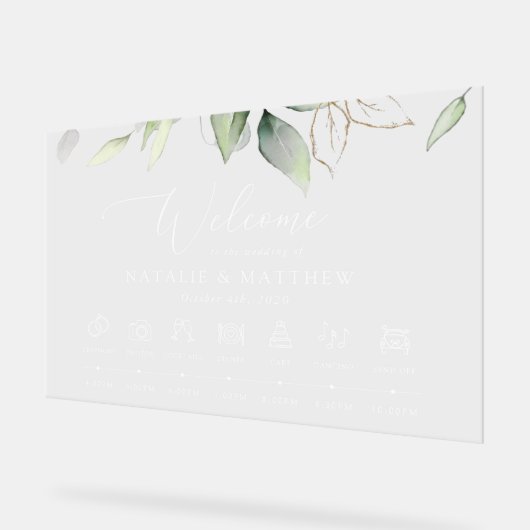 groen, eucalyptus bladeren, bruiloft tijdlijn acryl bord (Hoek)