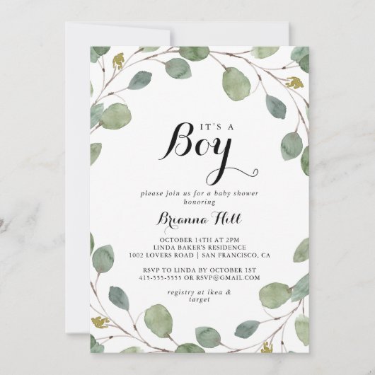 groen eucalyptus bladeren het is een jongen Baby s Kaart (Voorkant)