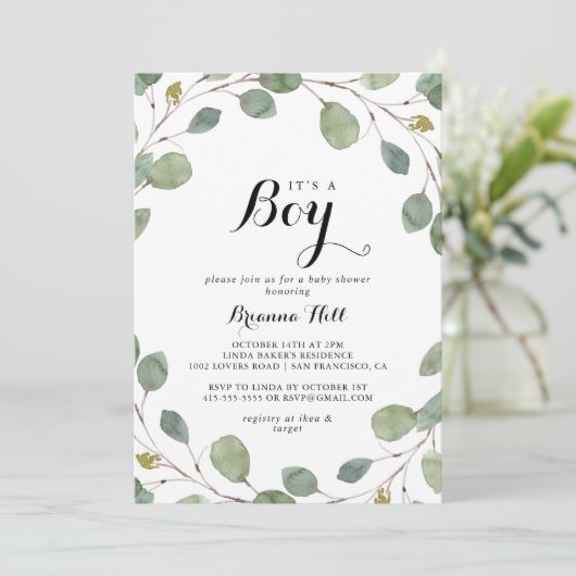 groen eucalyptus bladeren het is een jongen Baby s Kaart (Staand voorkant)