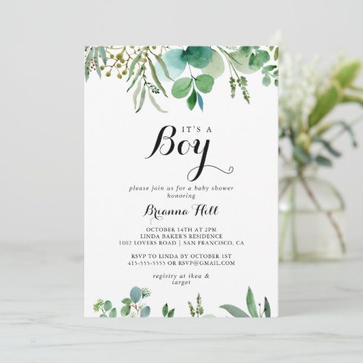 groen eucalyptus bladeren het is een jongen Baby s Kaart (Staand voorkant)