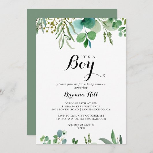 groen eucalyptus bladeren het is een jongen Baby s Kaart (Voorkant / Achterkant)