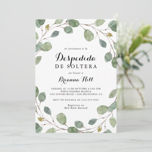 Groen Eucalyptus Bladgroen Spaans Vrijgezellenfees Kaart (Staand voorkant)