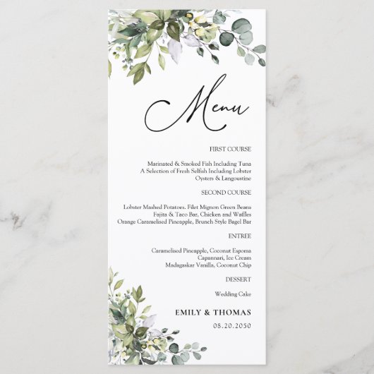 Groen Eucalyptus Bloemen Vrijgezellenfeest Menu (Voorkant)