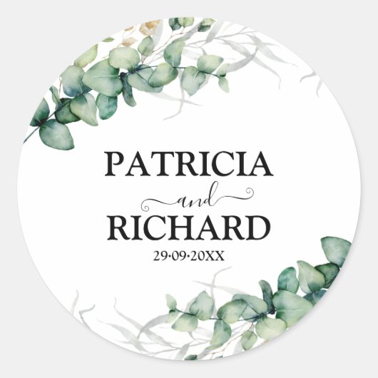 Groen Eucalyptus Bruiloft Ronde Sticker (Voorkant)