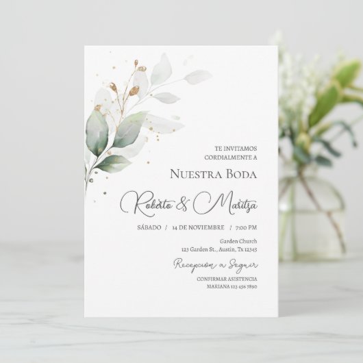 Groen Eucalyptus Bruiloft uitnodigen in het Spaans Kaart (Staand voorkant)