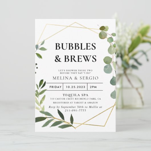 Groen Eucalyptus Bubbles & Brews Vrijgezellenfeest Kaart (Staand voorkant)